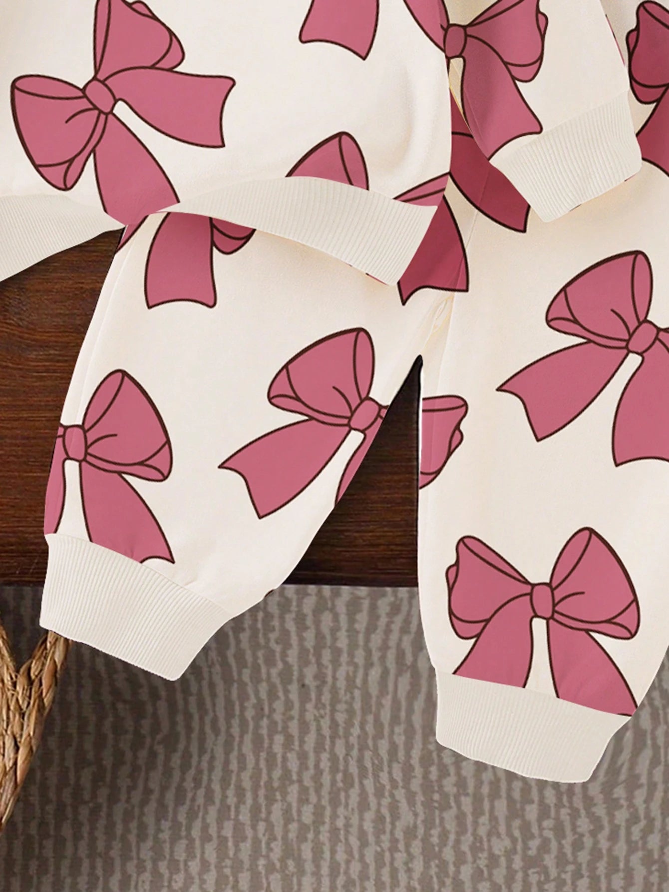1 Set Baby Girls Casual Fashionable Cute Sweet Bow & Floral Print Crew Neck Sweatshirt And Sweatpants Set, Pink, Autumn/Winter Fall