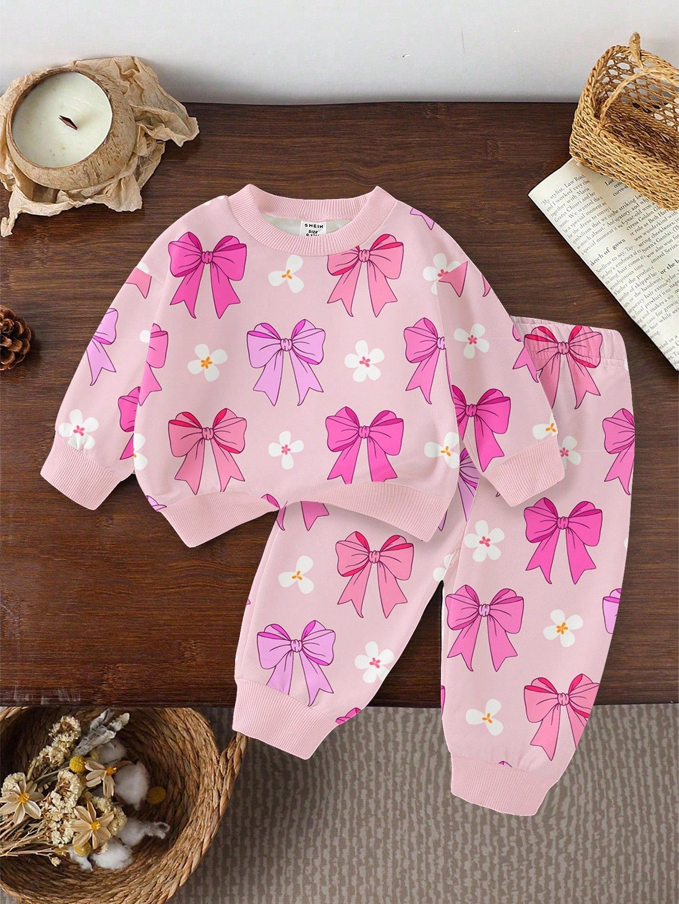 1 Set Baby Girls Casual Fashionable Cute Sweet Bow & Floral Print Crew Neck Sweatshirt And Sweatpants Set, Pink, Autumn/Winter Fall