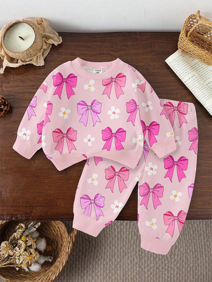 1 Set Baby Girls Casual Fashionable Cute Sweet Bow & Floral Print Crew Neck Sweatshirt And Sweatpants Set, Pink, Autumn/Winter Fall