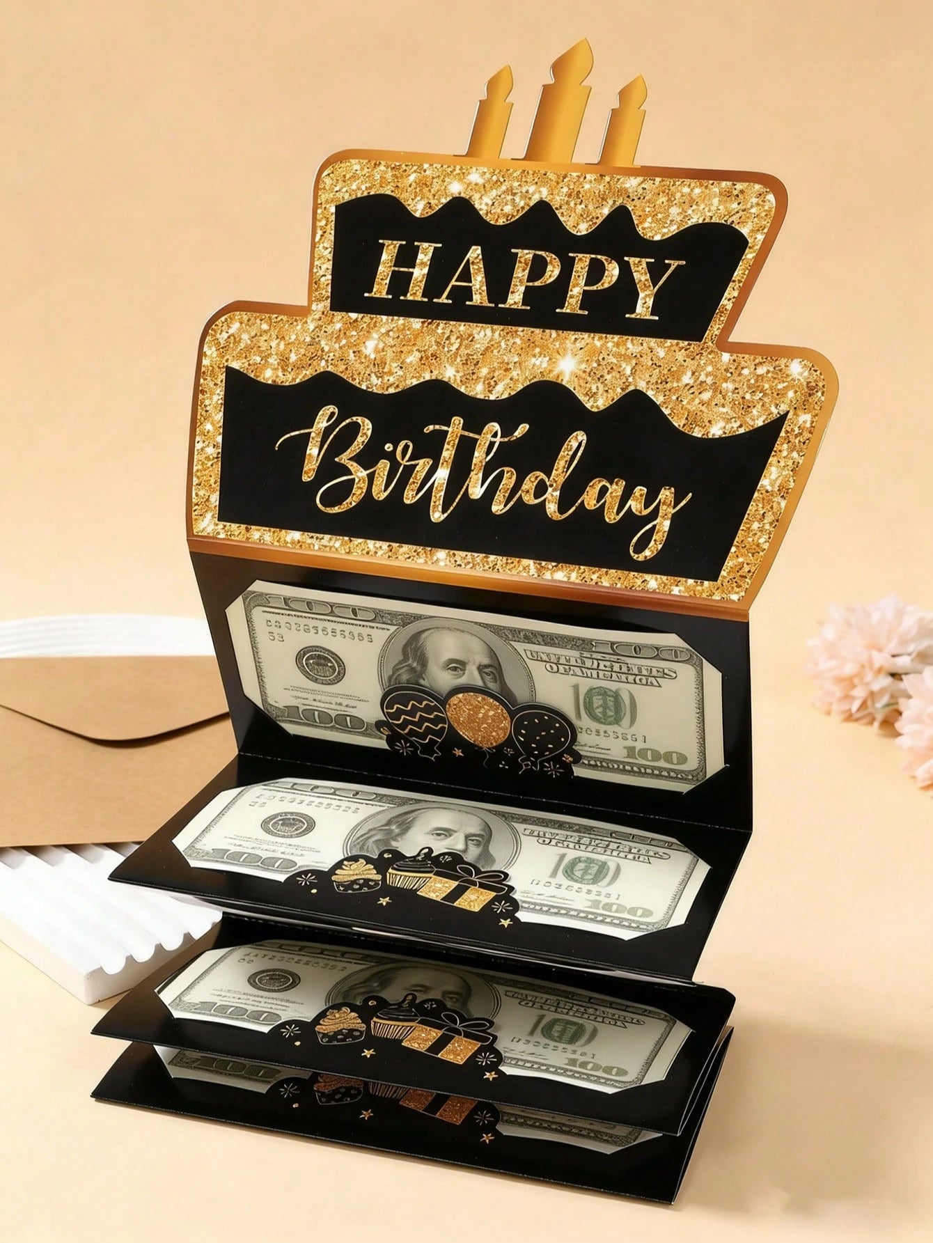 1 Set Black Gold "Happy Birthday" Folding Banknote Card & Envelope, Pink Gold Birthday Cake Pattern Folding Banknote Card, Birthday Party Surprise Cash Small Gift, Anniversary Celebration Folding Bank