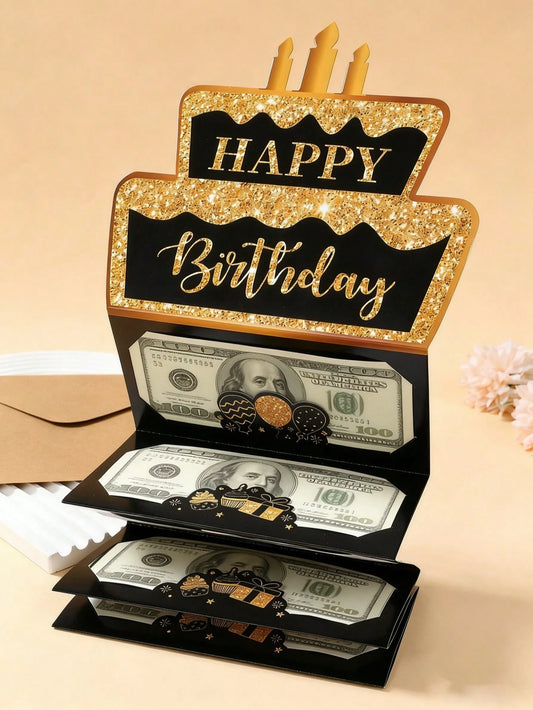 1 Set Black Gold "Happy Birthday" Folding Banknote Card & Envelope, Pink Gold Birthday Cake Pattern Folding Banknote Card, Birthday Party Surprise Cash Small Gift, Anniversary Celebration Folding Bank