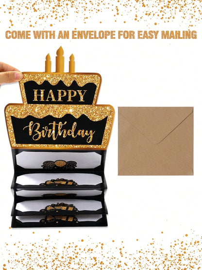 1 Set Black Gold "Happy Birthday" Folding Banknote Card & Envelope, Pink Gold Birthday Cake Pattern Folding Banknote Card, Birthday Party Surprise Cash Small Gift, Anniversary Celebration Folding Bank