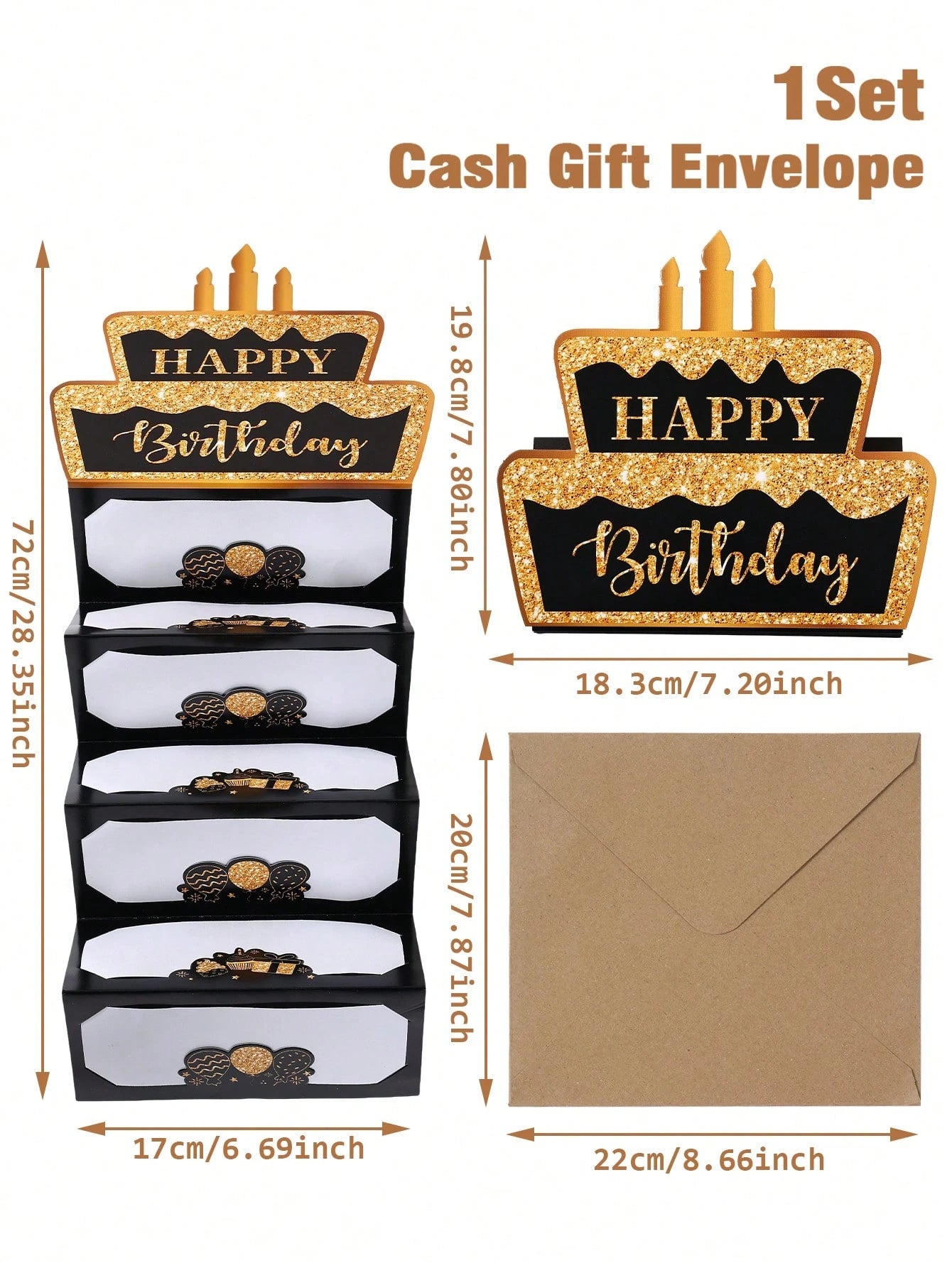 1 Set Black Gold "Happy Birthday" Folding Banknote Card & Envelope, Pink Gold Birthday Cake Pattern Folding Banknote Card, Birthday Party Surprise Cash Small Gift, Anniversary Celebration Folding Bank