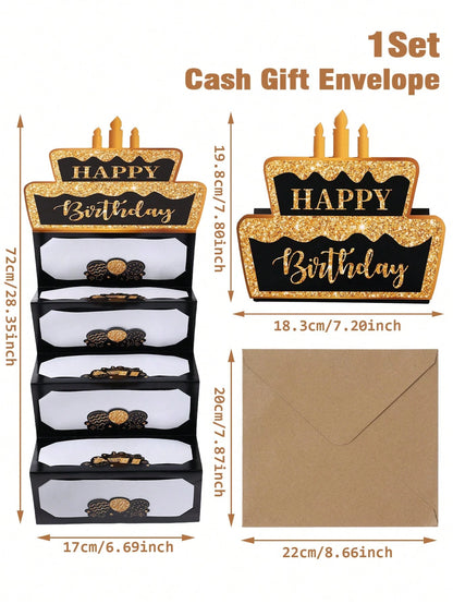 1 Set Black Gold "Happy Birthday" Folding Banknote Card & Envelope, Pink Gold Birthday Cake Pattern Folding Banknote Card, Birthday Party Surprise Cash Small Gift, Anniversary Celebration Folding Bank