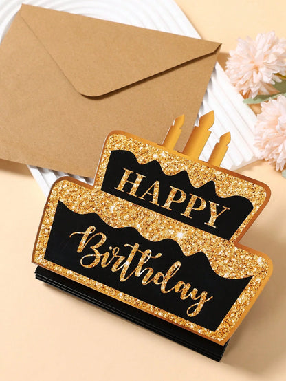 1 Set Black Gold "Happy Birthday" Folding Banknote Card & Envelope, Pink Gold Birthday Cake Pattern Folding Banknote Card, Birthday Party Surprise Cash Small Gift, Anniversary Celebration Folding Bank