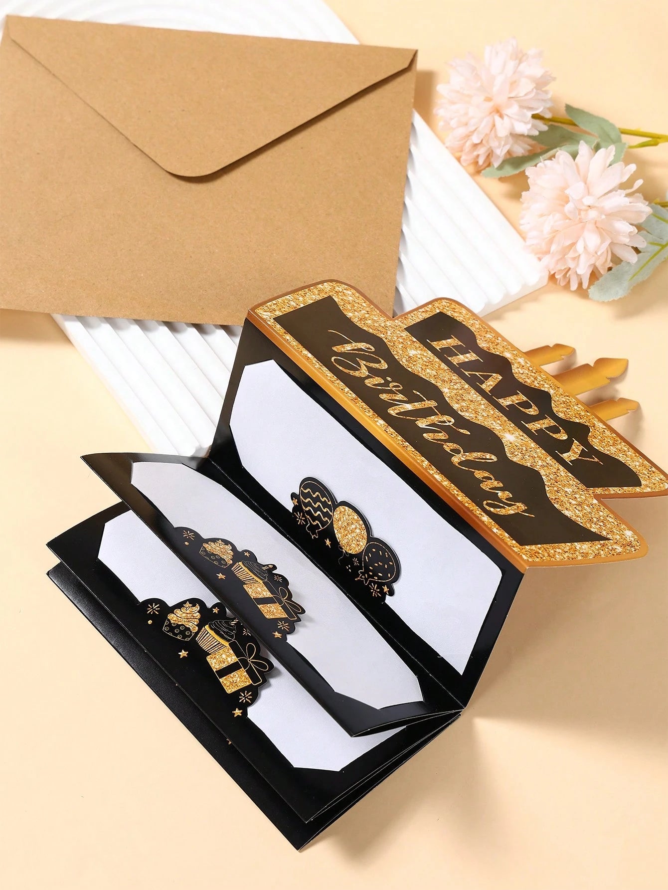 1 Set Black Gold "Happy Birthday" Folding Banknote Card & Envelope, Pink Gold Birthday Cake Pattern Folding Banknote Card, Birthday Party Surprise Cash Small Gift, Anniversary Celebration Folding Bank