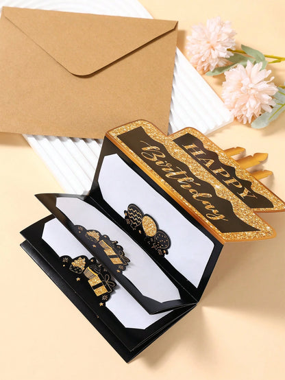1 Set Black Gold "Happy Birthday" Folding Banknote Card & Envelope, Pink Gold Birthday Cake Pattern Folding Banknote Card, Birthday Party Surprise Cash Small Gift, Anniversary Celebration Folding Bank