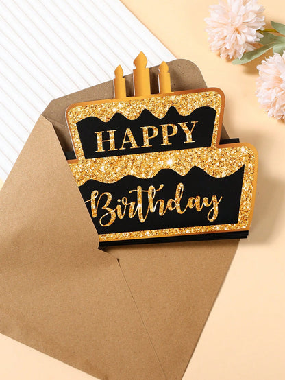 1 Set Black Gold "Happy Birthday" Folding Banknote Card & Envelope, Pink Gold Birthday Cake Pattern Folding Banknote Card, Birthday Party Surprise Cash Small Gift, Anniversary Celebration Folding Bank
