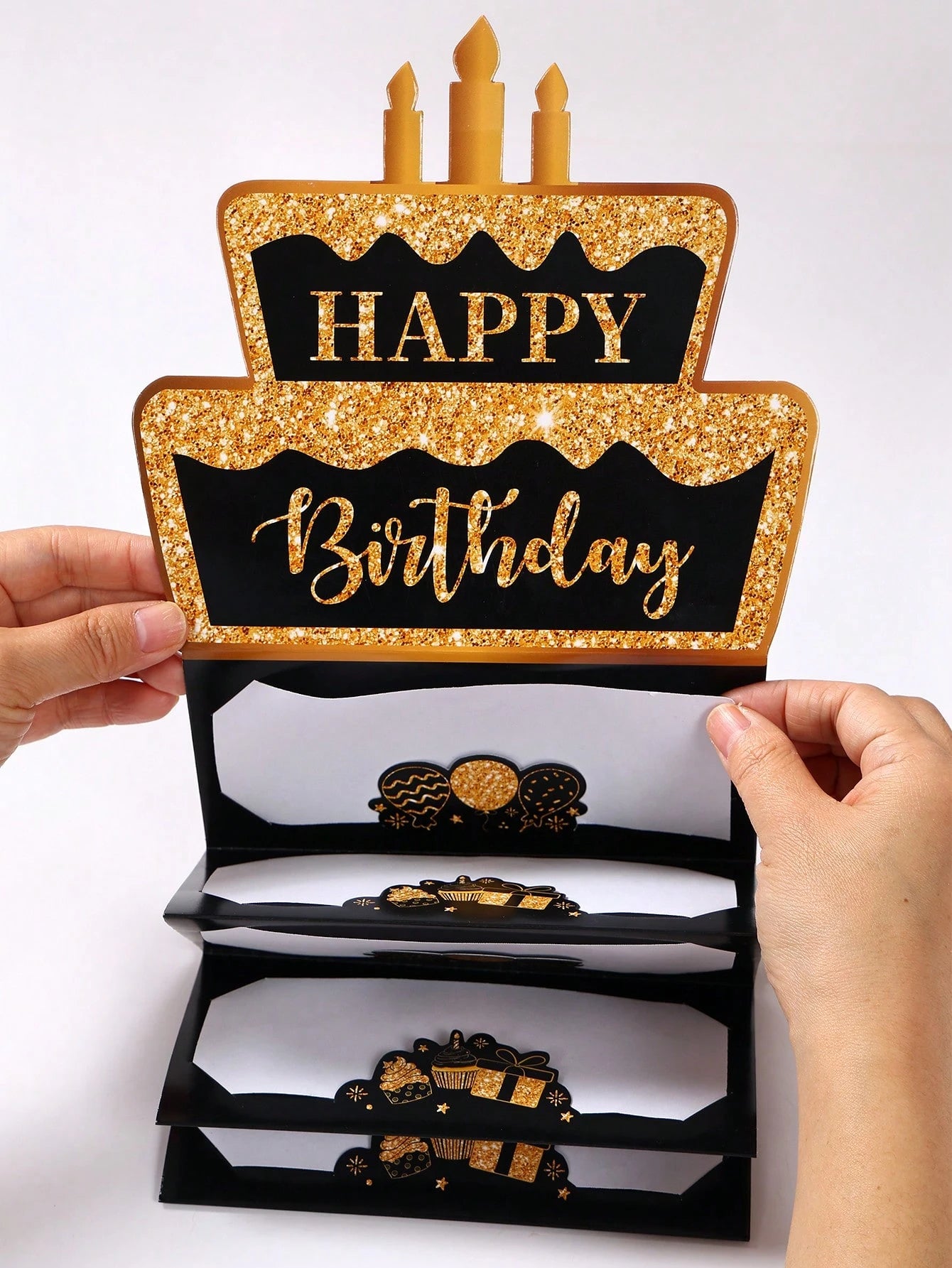 1 Set Black Gold "Happy Birthday" Folding Banknote Card & Envelope, Pink Gold Birthday Cake Pattern Folding Banknote Card, Birthday Party Surprise Cash Small Gift, Anniversary Celebration Folding Bank