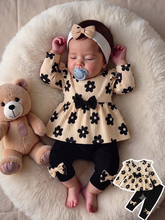 1 Set Korean Style Soft Cream Floral Baby Outfit, Baby Girl Ruffle Top + Bow Long Pants 2-Piece Set, Elegant Casual Wear