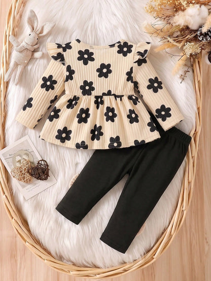 1 Set Korean Style Soft Cream Floral Baby Outfit, Baby Girl Ruffle Top + Bow Long Pants 2-Piece Set, Elegant Casual Wear