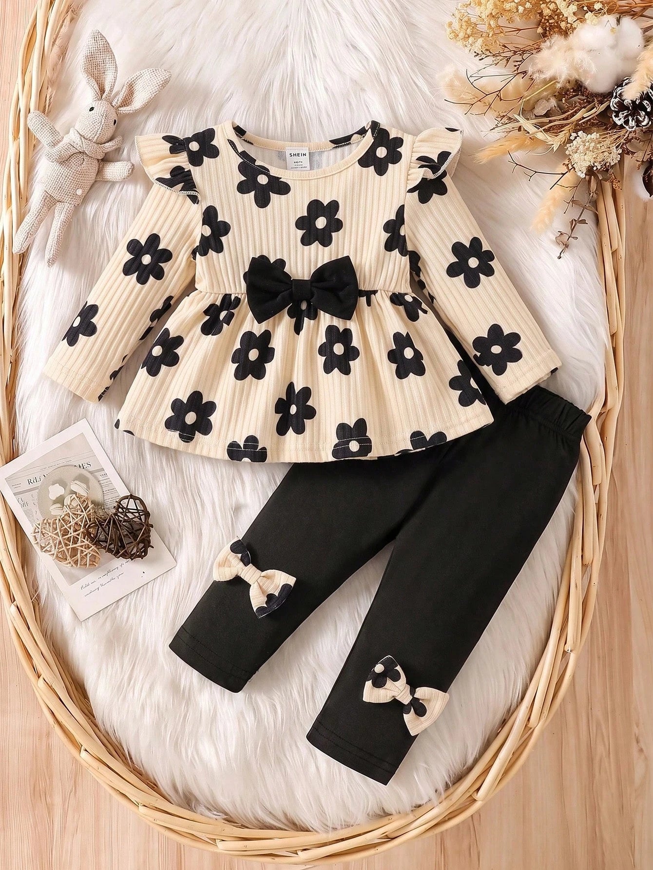 1 Set Korean Style Soft Cream Floral Baby Outfit, Baby Girl Ruffle Top + Bow Long Pants 2-Piece Set, Elegant Casual Wear