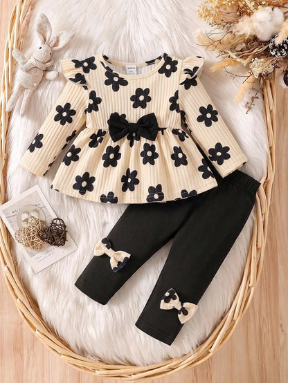 1 Set Korean Style Soft Cream Floral Baby Outfit, Baby Girl Ruffle Top + Bow Long Pants 2-Piece Set, Elegant Casual Wear