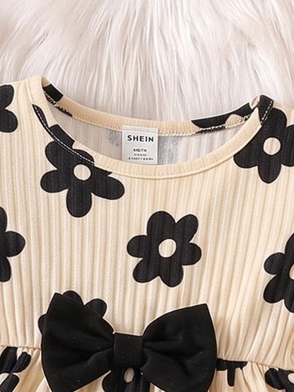 1 Set Korean Style Soft Cream Floral Baby Outfit, Baby Girl Ruffle Top + Bow Long Pants 2-Piece Set, Elegant Casual Wear
