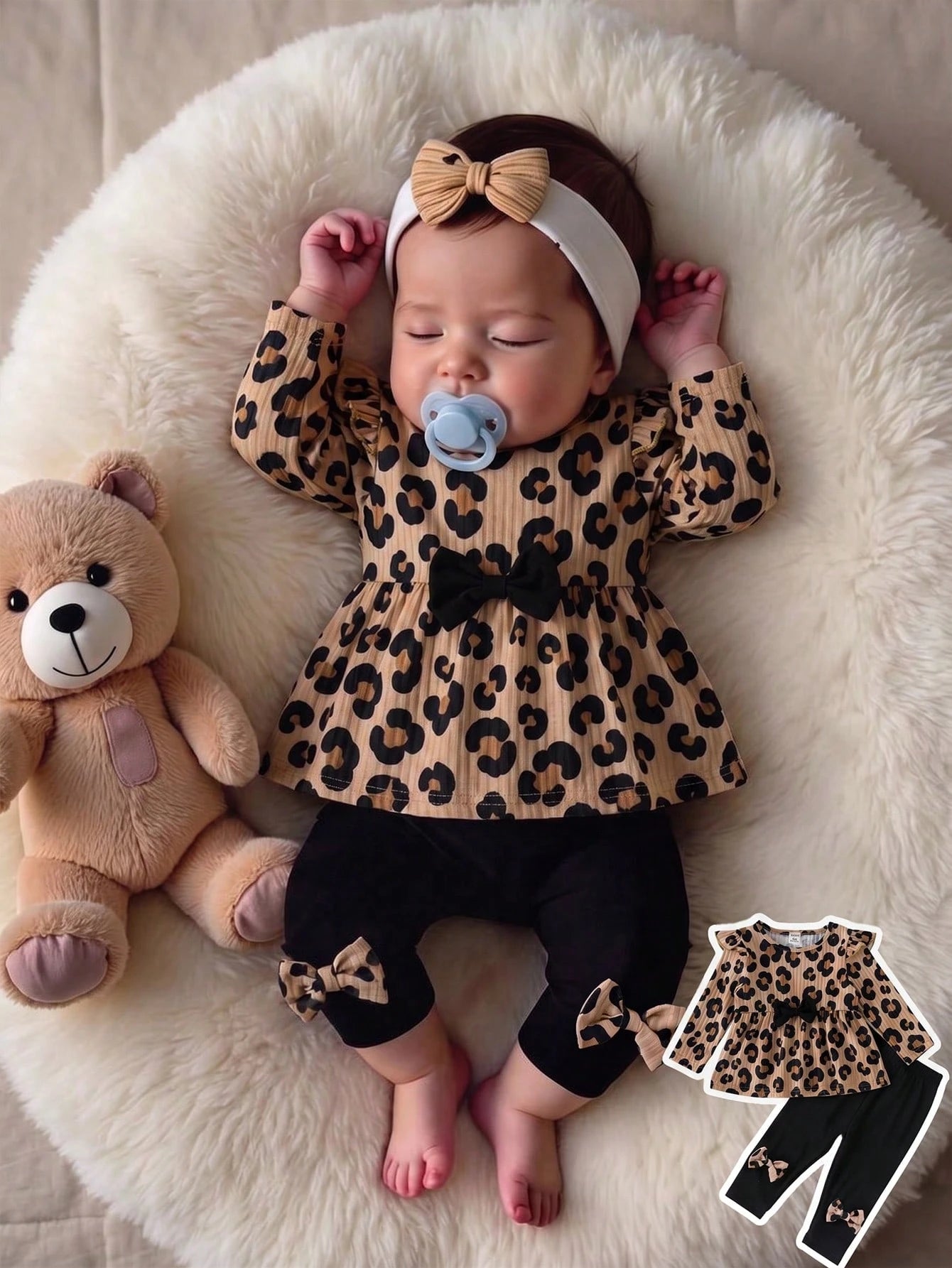 1 Set Korean Style Soft Cream Floral Baby Outfit, Baby Girl Ruffle Top + Bow Long Pants 2-Piece Set, Elegant Casual Wear