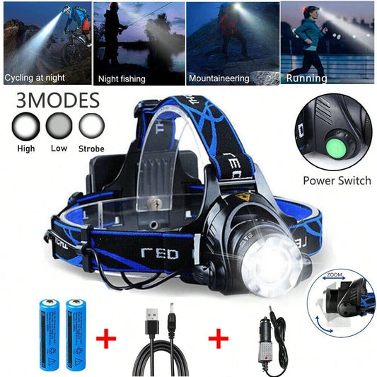 1 Set Of 3 Lighting Modes Of Blue Outdoor LED Headlights, Which Can Be Powered By A Battery With A USB Rechargeable Headlight. The Height And Headband Can Be Freely Adjusted