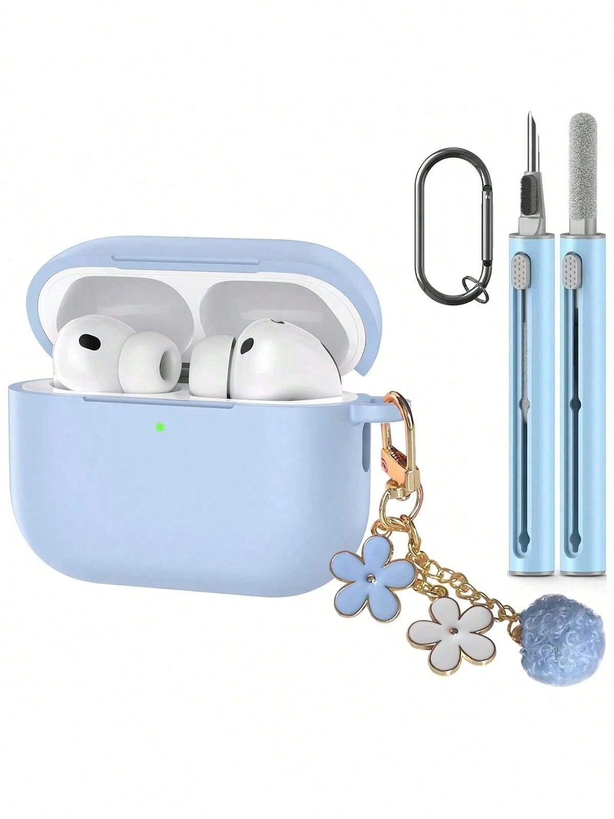 1 Set Silicone Protective Case Compatible With Apple, Solid Color Integrated Earphone Cover With Flower Hanging Chain, Carabiner And Cleaning Brush, Suitable As Gift
