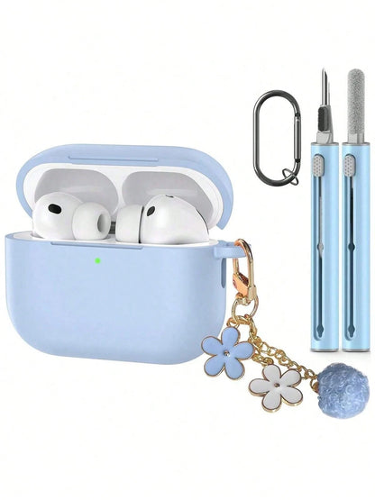 1 Set Silicone Protective Case Compatible With Apple, Solid Color Integrated Earphone Cover With Flower Hanging Chain, Carabiner And Cleaning Brush, Suitable As Gift