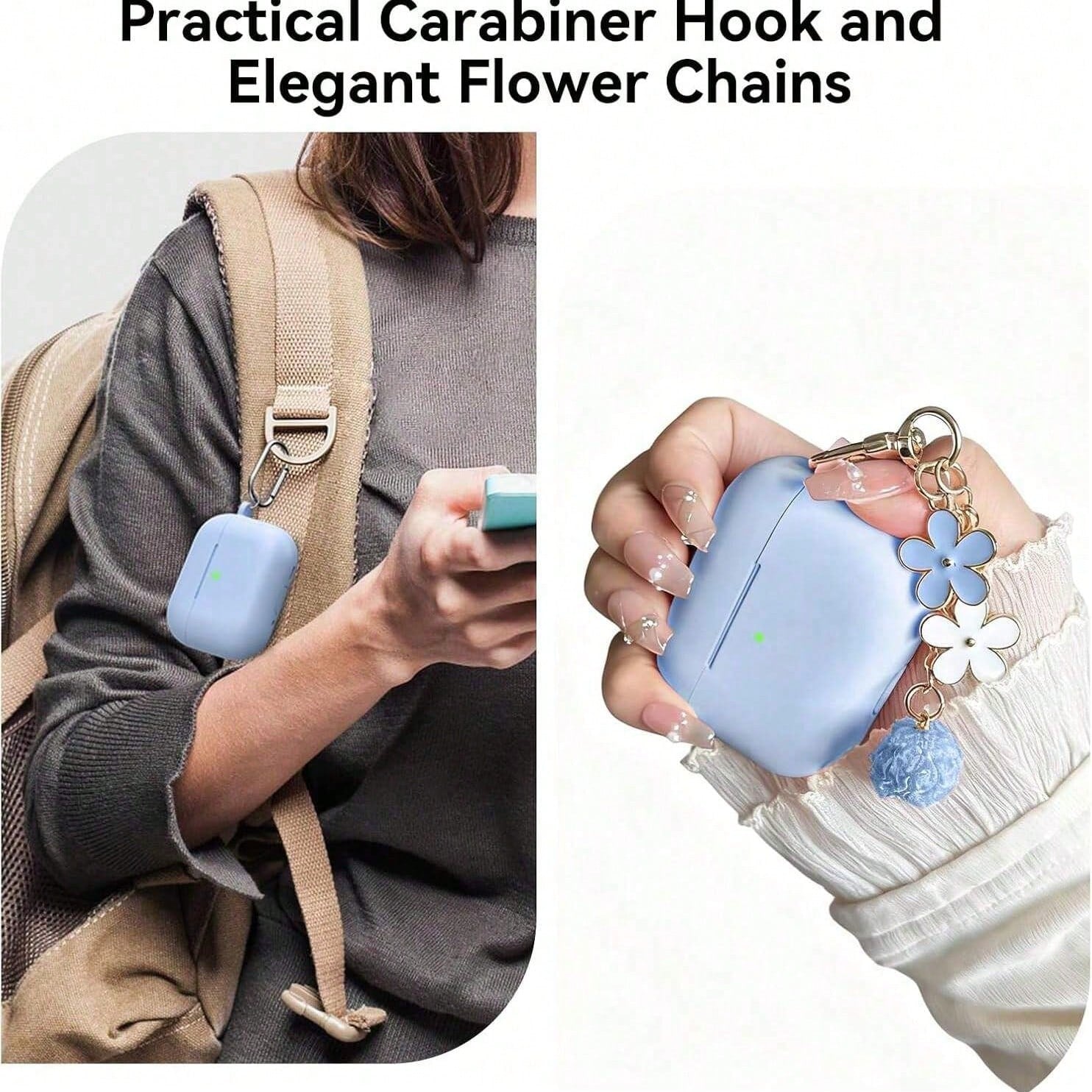 1 Set Silicone Protective Case Compatible With Apple, Solid Color Integrated Earphone Cover With Flower Hanging Chain, Carabiner And Cleaning Brush, Suitable As Gift