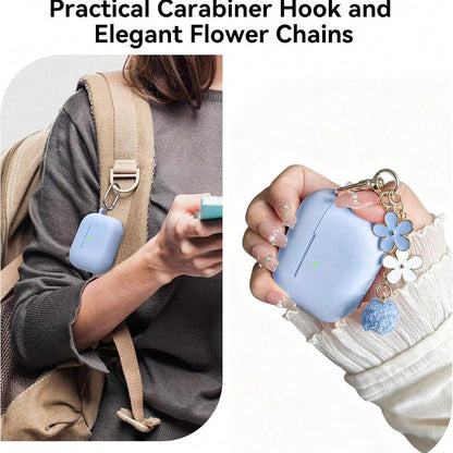 1 Set Silicone Protective Case Compatible With Apple, Solid Color Integrated Earphone Cover With Flower Hanging Chain, Carabiner And Cleaning Brush, Suitable As Gift