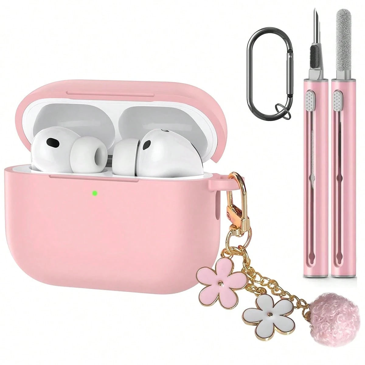 1 Set Silicone Protective Case Compatible With Apple, Solid Color Integrated Earphone Cover With Flower Hanging Chain, Carabiner And Cleaning Brush, Suitable As Gift
