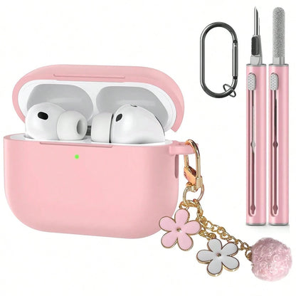 1 Set Silicone Protective Case Compatible With Apple, Solid Color Integrated Earphone Cover With Flower Hanging Chain, Carabiner And Cleaning Brush, Suitable As Gift