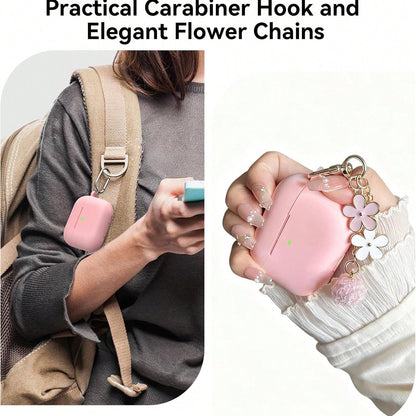 1 Set Silicone Protective Case Compatible With Apple, Solid Color Integrated Earphone Cover With Flower Hanging Chain, Carabiner And Cleaning Brush, Suitable As Gift