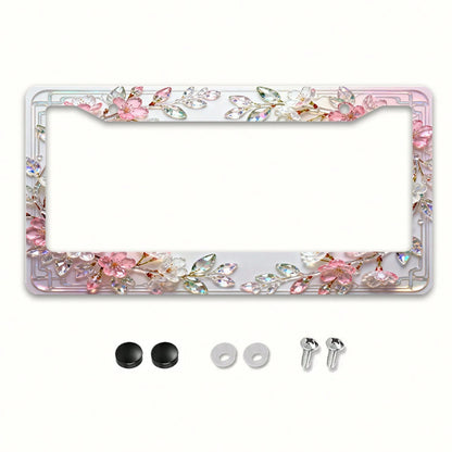 1 Stylish Crystal Cherry Blossom License Plate Frame, Compatible With North American And Many International Car Models.Comes With Mounting Screws To Ensure A Secure Fit