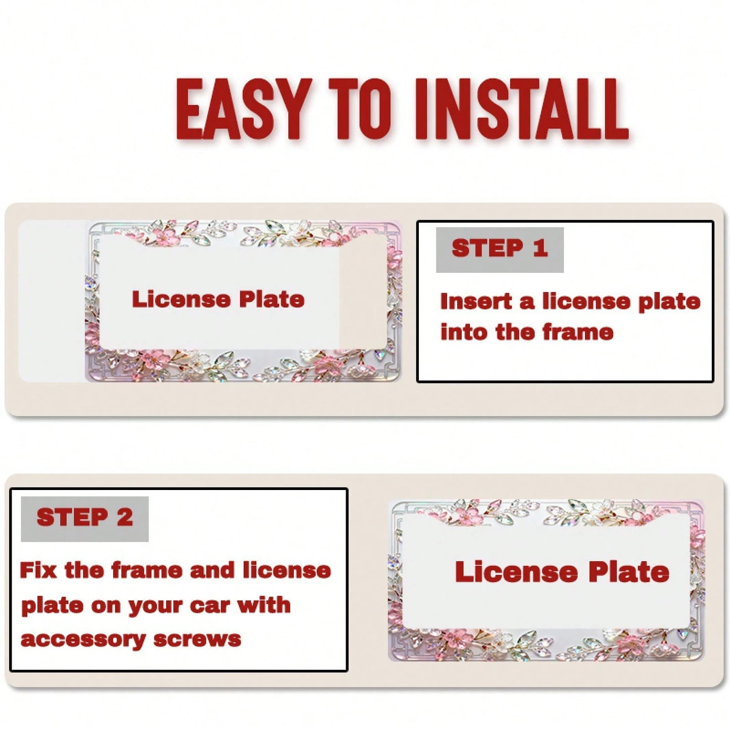 1 Stylish Crystal Cherry Blossom License Plate Frame, Compatible With North American And Many International Car Models.Comes With Mounting Screws To Ensure A Secure Fit