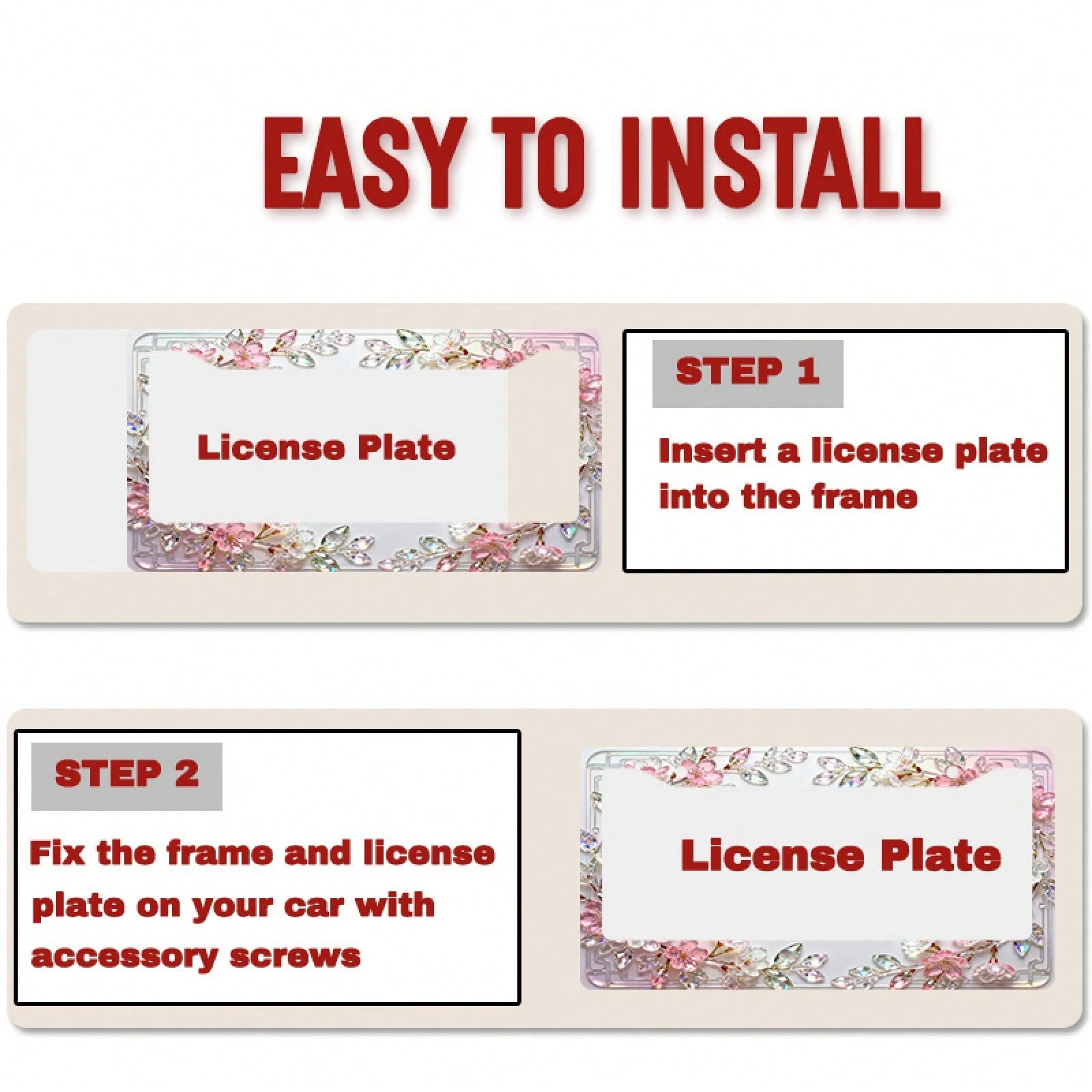 1 Stylish Crystal Cherry Blossom License Plate Frame, Compatible With North American And Many International Car Models.Comes With Mounting Screws To Ensure A Secure Fit