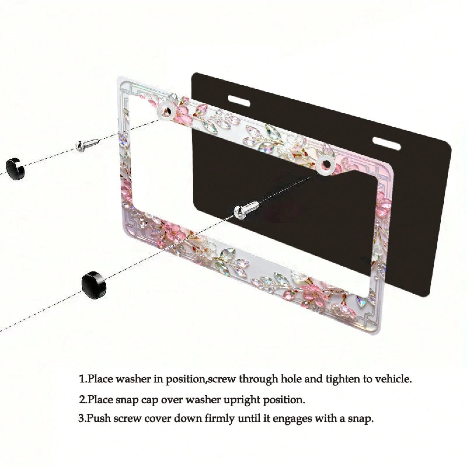1 Stylish Crystal Cherry Blossom License Plate Frame, Compatible With North American And Many International Car Models.Comes With Mounting Screws To Ensure A Secure Fit