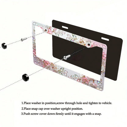 1 Stylish Crystal Cherry Blossom License Plate Frame, Compatible With North American And Many International Car Models.Comes With Mounting Screws To Ensure A Secure Fit