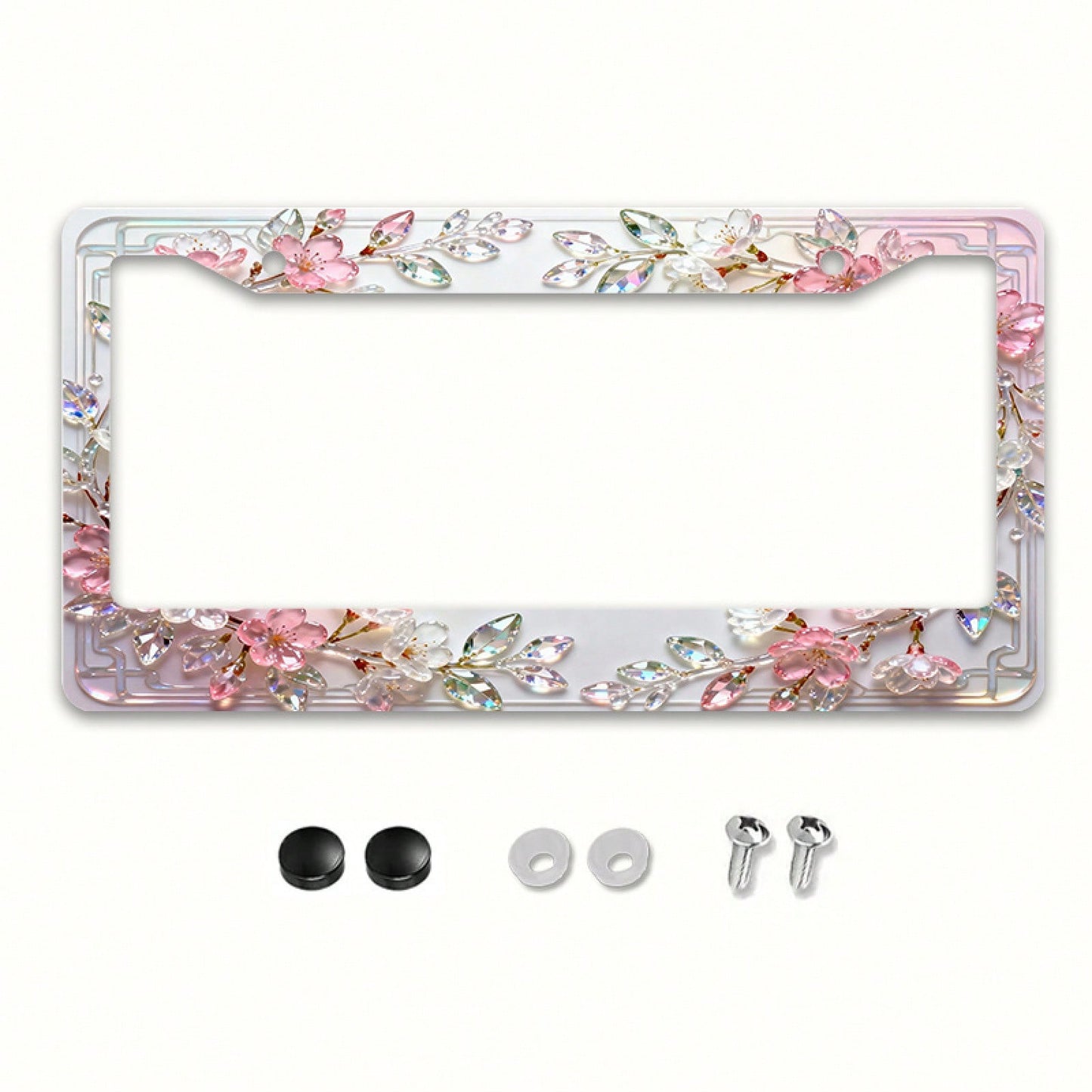 1 Stylish Crystal Cherry Blossom License Plate Frame, Compatible With North American And Many International Car Models.Comes With Mounting Screws To Ensure A Secure Fit
