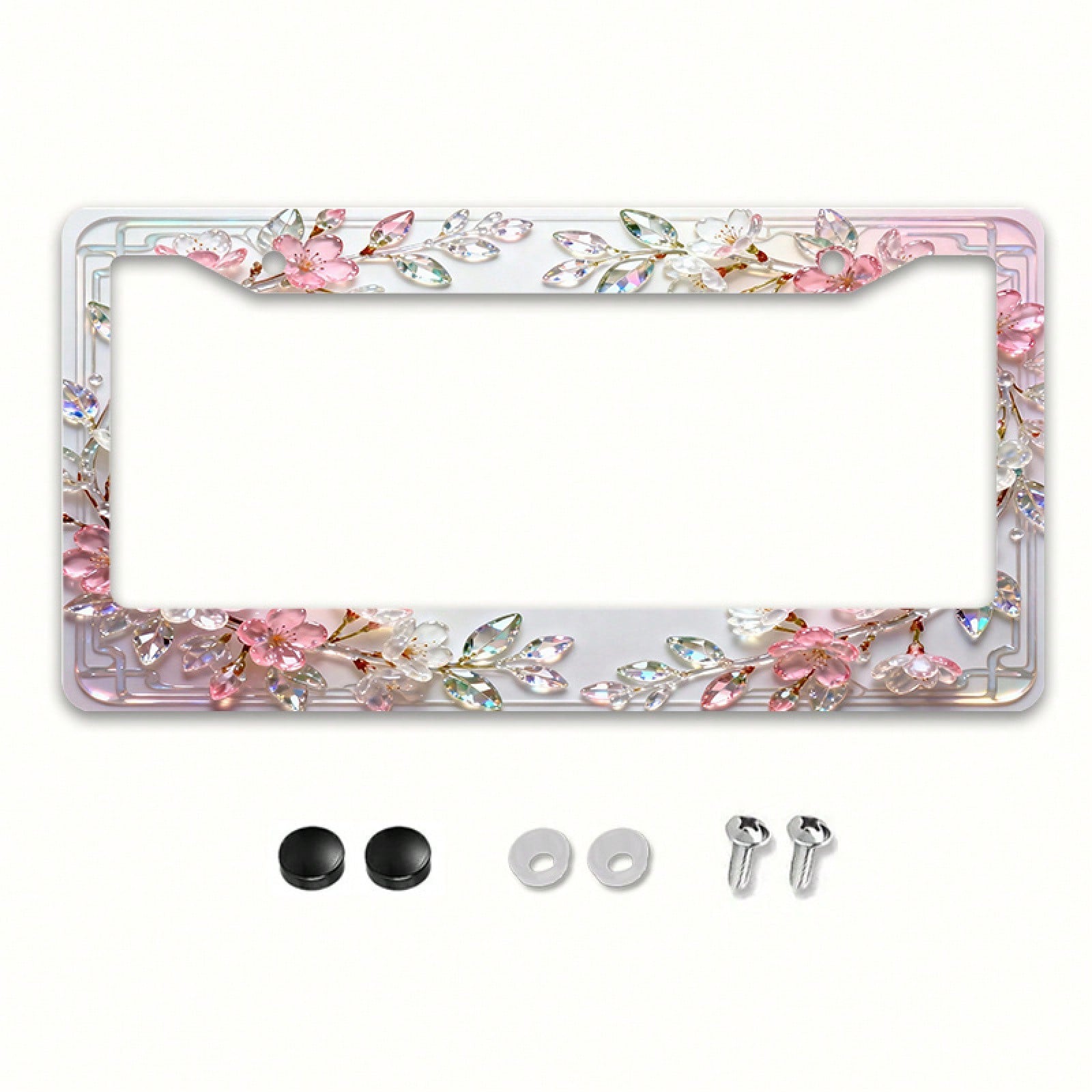 1 Stylish Crystal Cherry Blossom License Plate Frame, Compatible With North American And Many International Car Models.Comes With Mounting Screws To Ensure A Secure Fit