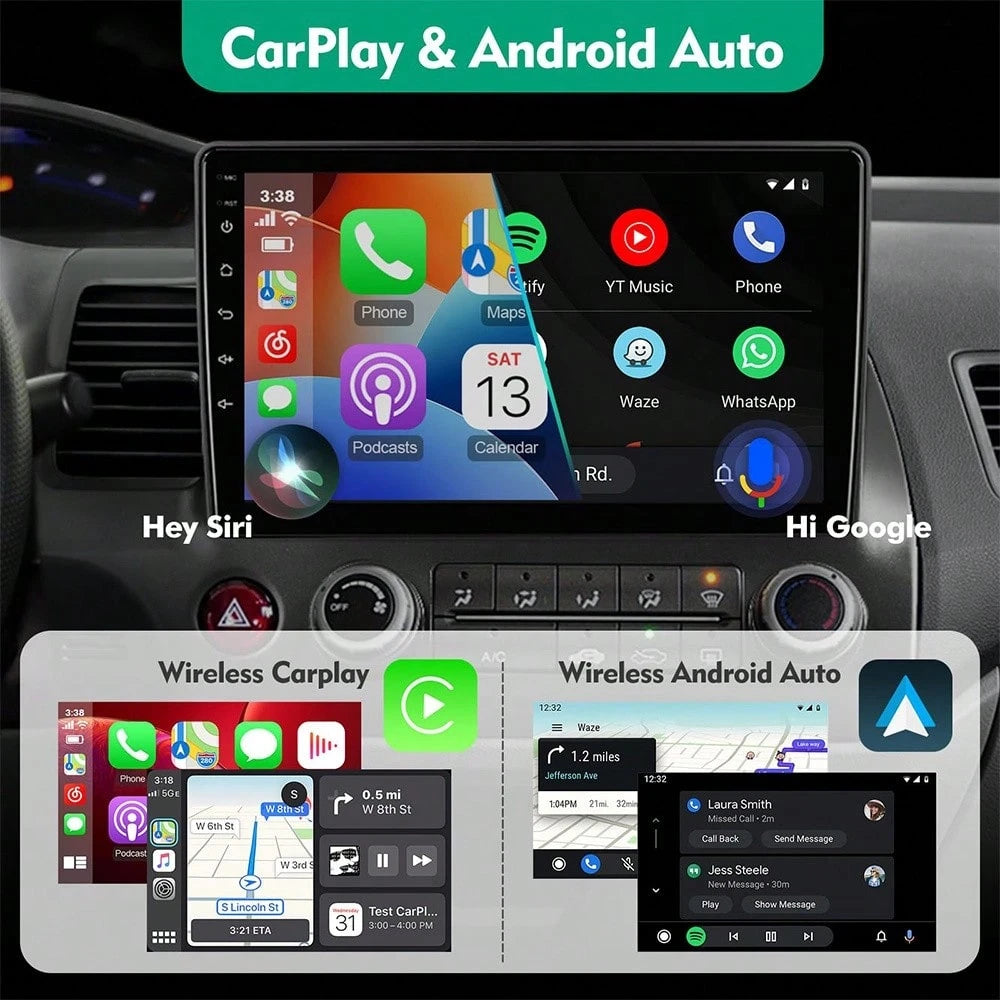 10.1 Inch IPS Touchscreen Android 12 Support GPS, WiFi, Bluetooth, FM Radio, Backup Camera, SWC, Dual USB Car Stereo For Hon/Da Civic 2006-2011 With Wireless CarPlay & Android Auto 2+32GB Car Radio