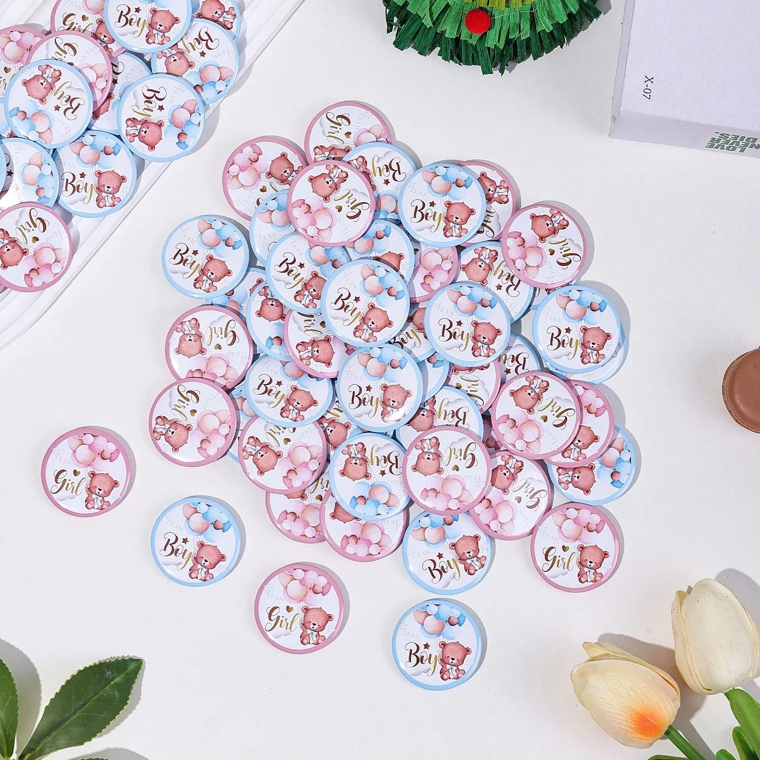 10/20/30/60/100pcs Gender Reveal Bear Pins, Boy Or Girl Team Badges, Suitable For Party Games, Decorations, Baby Shower Gifts, Gender Reveal Pins, Boy Team Badges, Girl Team Badges