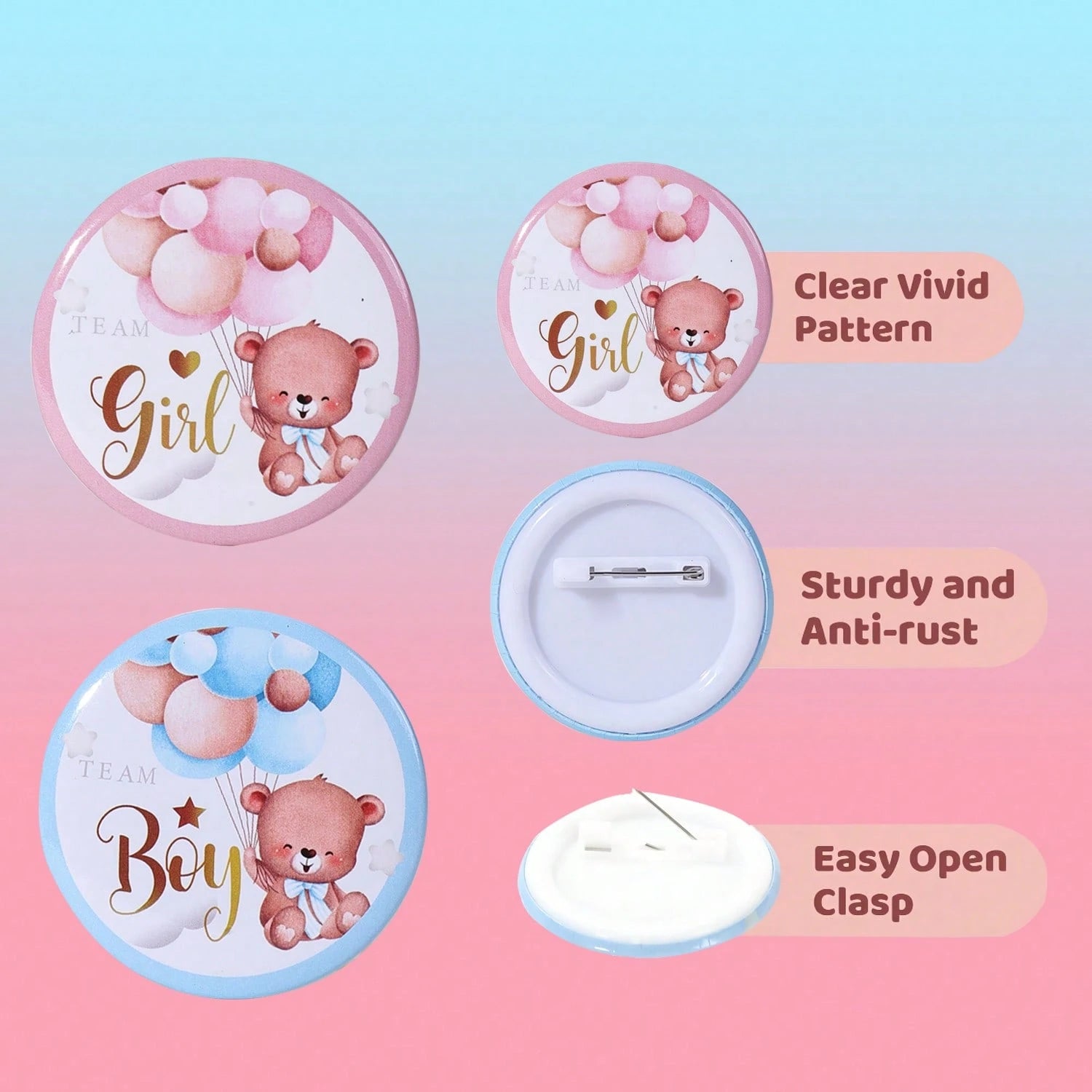 10/20/30/60/100pcs Gender Reveal Bear Pins, Boy Or Girl Team Badges, Suitable For Party Games, Decorations, Baby Shower Gifts, Gender Reveal Pins, Boy Team Badges, Girl Team Badges