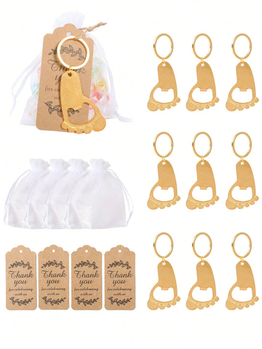 10/20 Sets Cute Gold Footprint Bottle Opener Organza Bag Set, Baby Shower Party Favors, Footprint Metal Keychain Bottle Opener With Organza Bag And Thank You Card, Baby Shower Home Decor Gift, Cute Li