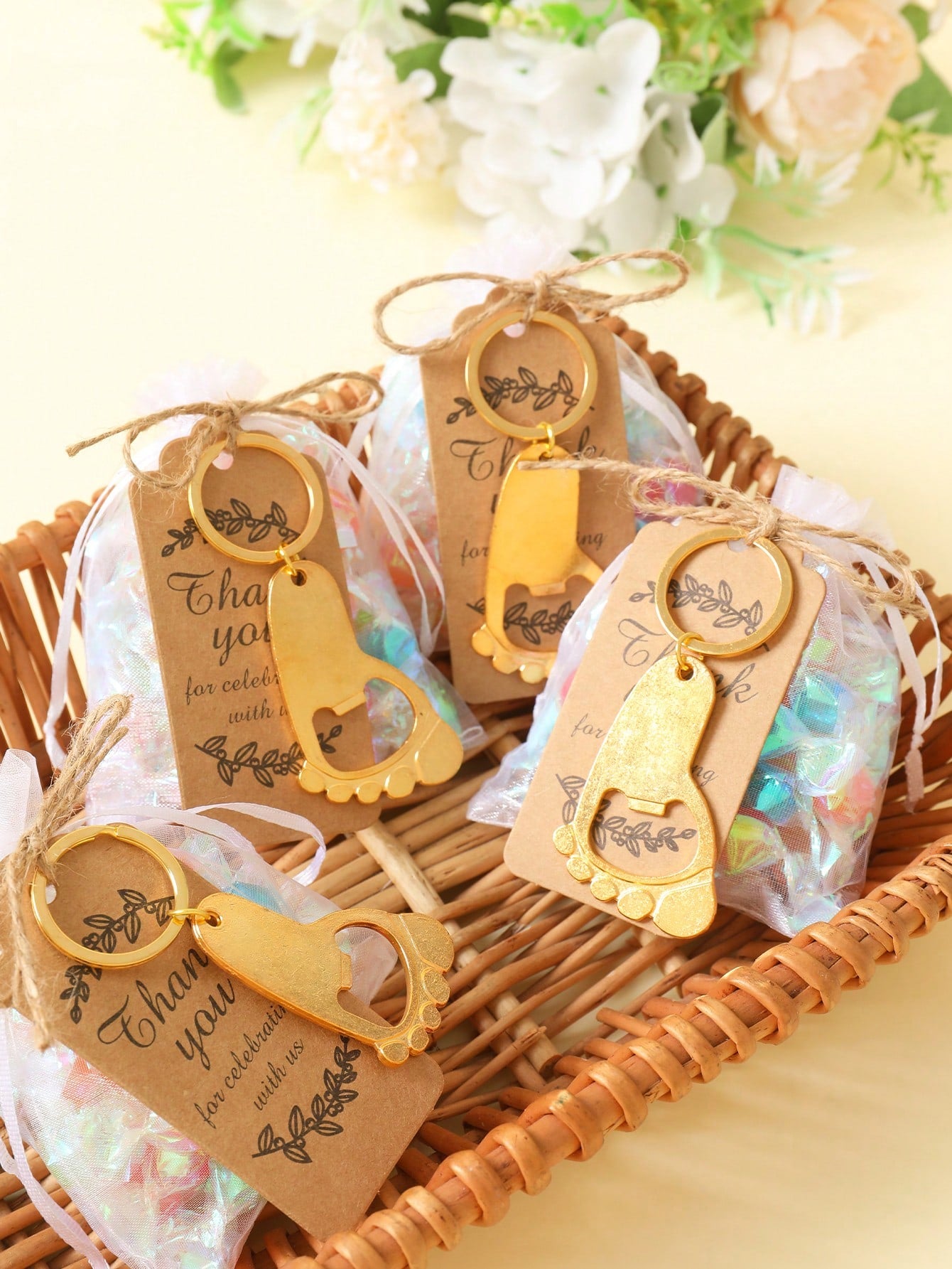 10/20 Sets Cute Gold Footprint Bottle Opener Organza Bag Set, Baby Shower Party Favors, Footprint Metal Keychain Bottle Opener With Organza Bag And Thank You Card, Baby Shower Home Decor Gift, Cute Li