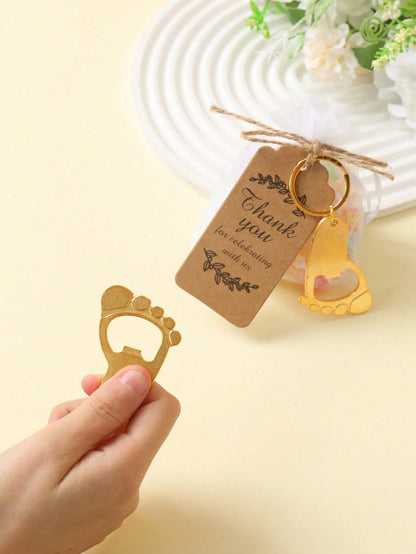 10/20 Sets Cute Gold Footprint Bottle Opener Organza Bag Set, Baby Shower Party Favors, Footprint Metal Keychain Bottle Opener With Organza Bag And Thank You Card, Baby Shower Home Decor Gift, Cute Li