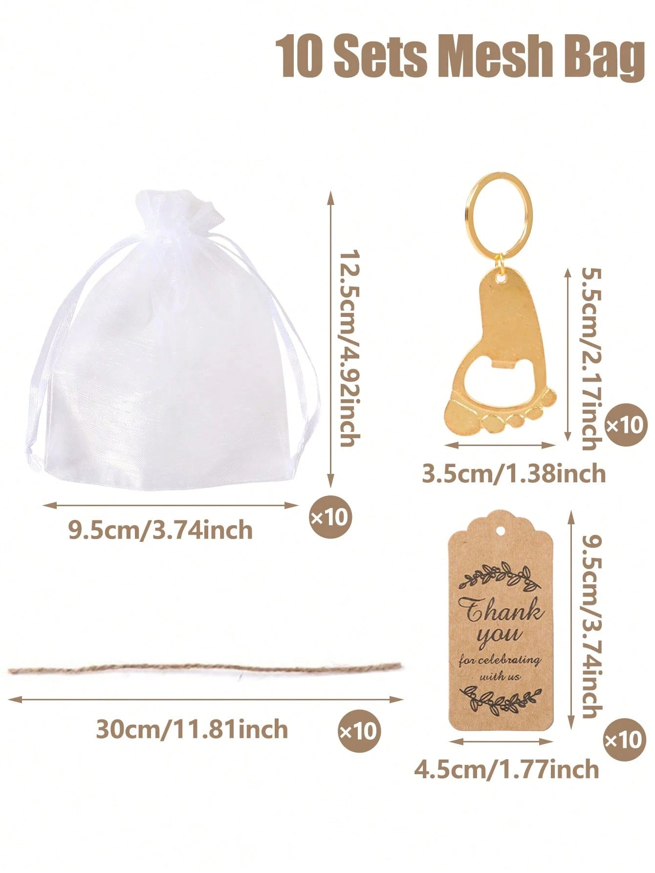 10/20 Sets Cute Gold Footprint Bottle Opener Organza Bag Set, Baby Shower Party Favors, Footprint Metal Keychain Bottle Opener With Organza Bag And Thank You Card, Baby Shower Home Decor Gift, Cute Li