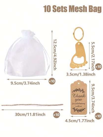 10/20 Sets Cute Gold Footprint Bottle Opener Organza Bag Set, Baby Shower Party Favors, Footprint Metal Keychain Bottle Opener With Organza Bag And Thank You Card, Baby Shower Home Decor Gift, Cute Li