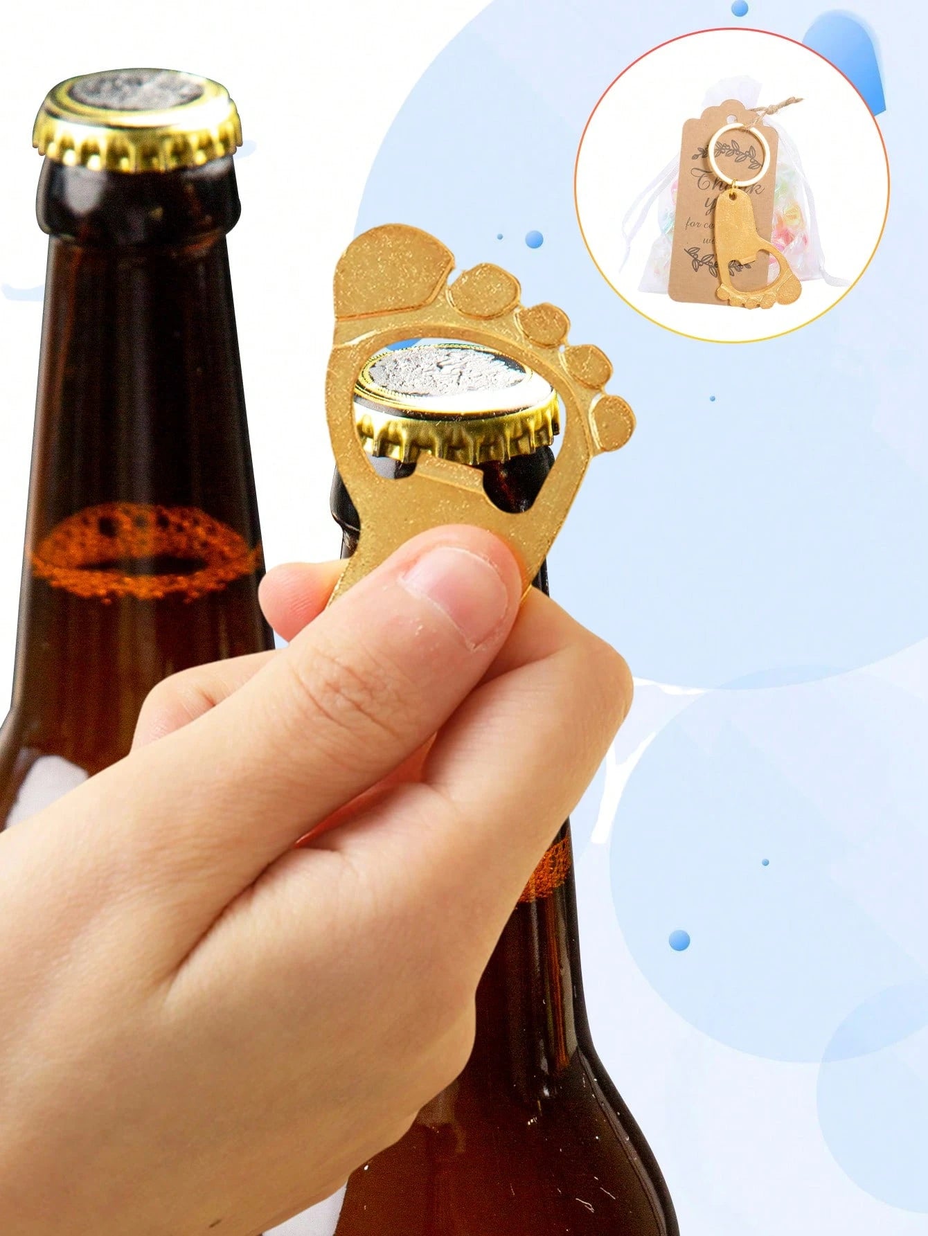 10/20 Sets Cute Gold Footprint Bottle Opener Organza Bag Set, Baby Shower Party Favors, Footprint Metal Keychain Bottle Opener With Organza Bag And Thank You Card, Baby Shower Home Decor Gift, Cute Li
