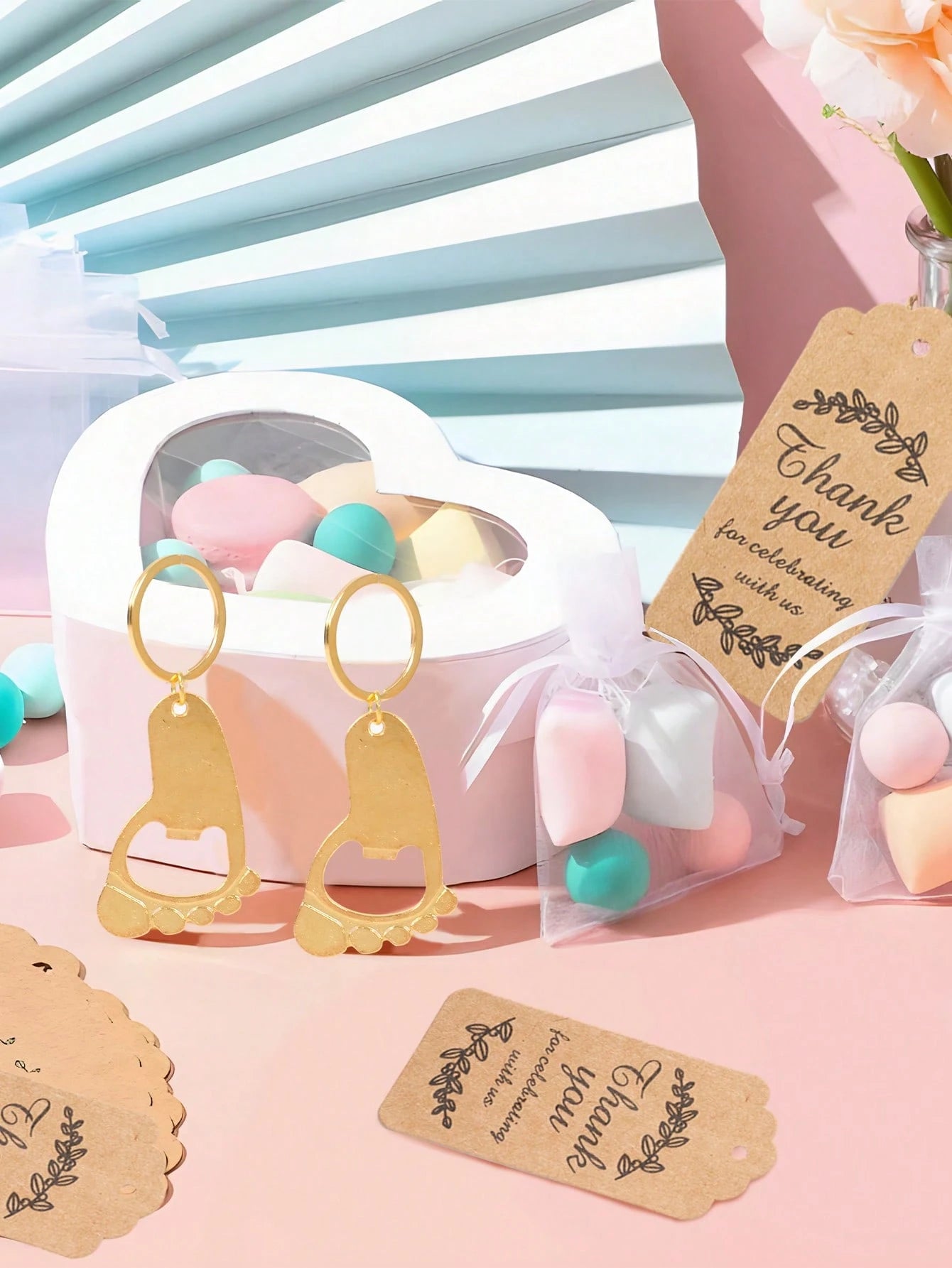 10/20 Sets Cute Gold Footprint Bottle Opener Organza Bag Set, Baby Shower Party Favors, Footprint Metal Keychain Bottle Opener With Organza Bag And Thank You Card, Baby Shower Home Decor Gift, Cute Li