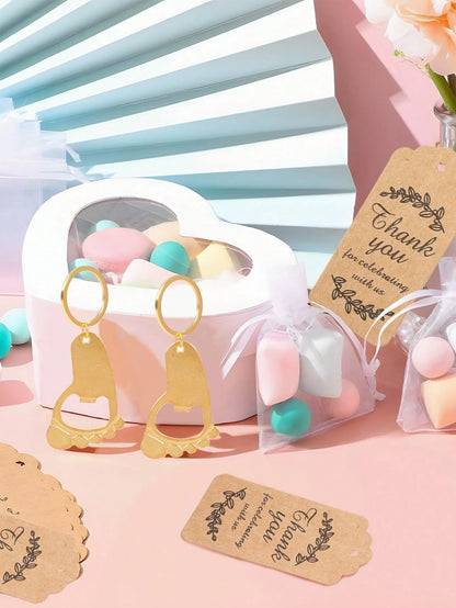 10/20 Sets Cute Gold Footprint Bottle Opener Organza Bag Set, Baby Shower Party Favors, Footprint Metal Keychain Bottle Opener With Organza Bag And Thank You Card, Baby Shower Home Decor Gift, Cute Li