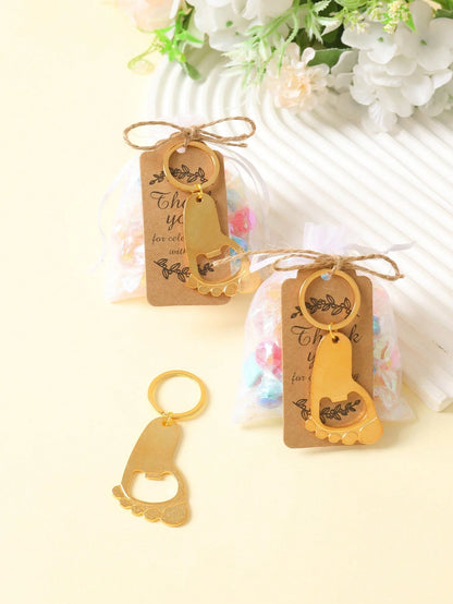 10/20 Sets Cute Gold Footprint Bottle Opener Organza Bag Set, Baby Shower Party Favors, Footprint Metal Keychain Bottle Opener With Organza Bag And Thank You Card, Baby Shower Home Decor Gift, Cute Li