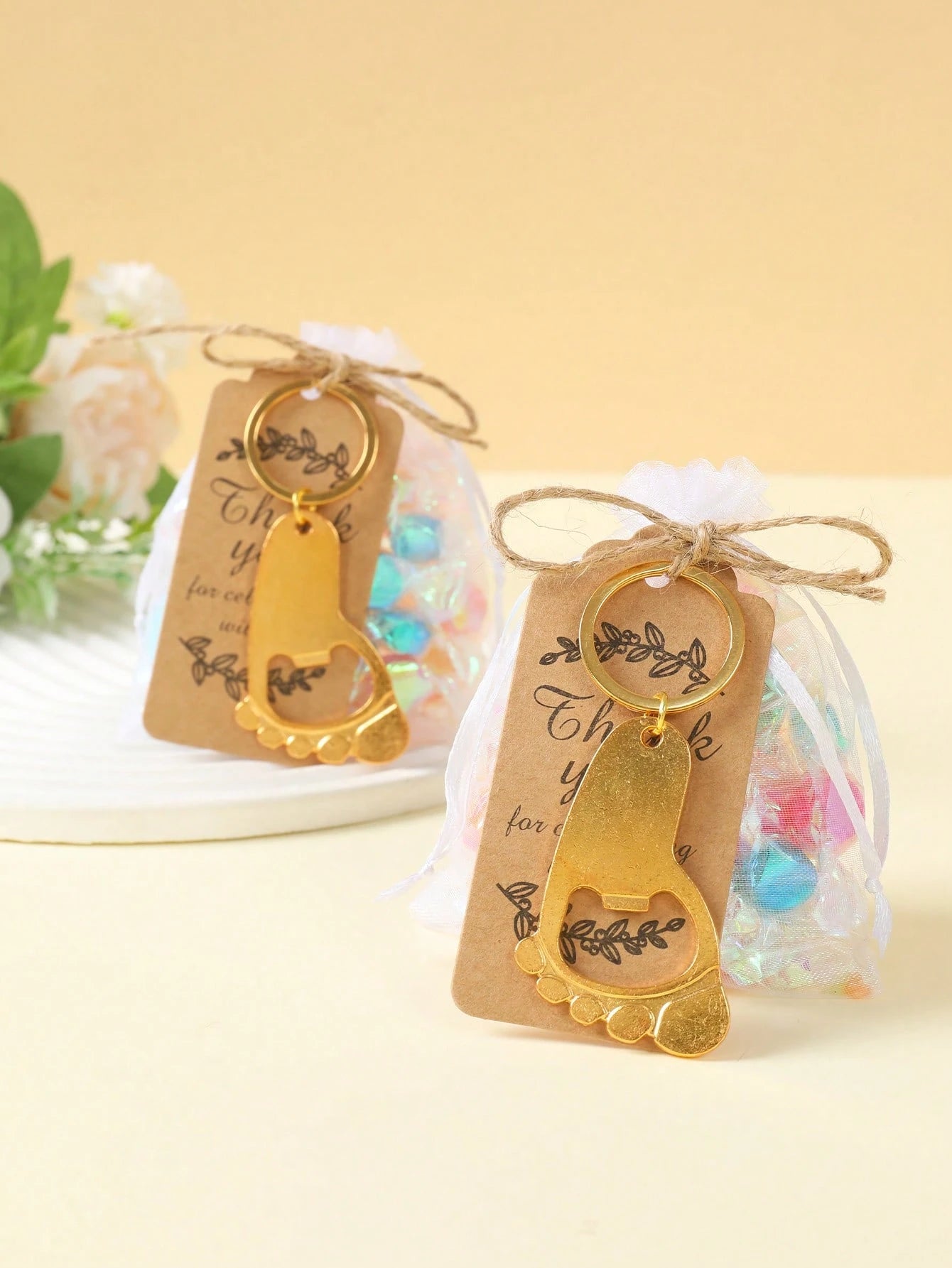10/20 Sets Cute Gold Footprint Bottle Opener Organza Bag Set, Baby Shower Party Favors, Footprint Metal Keychain Bottle Opener With Organza Bag And Thank You Card, Baby Shower Home Decor Gift, Cute Li