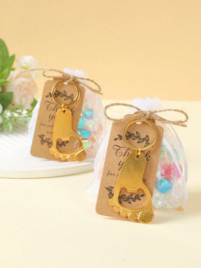 10/20 Sets Cute Gold Footprint Bottle Opener Organza Bag Set, Baby Shower Party Favors, Footprint Metal Keychain Bottle Opener With Organza Bag And Thank You Card, Baby Shower Home Decor Gift, Cute Li