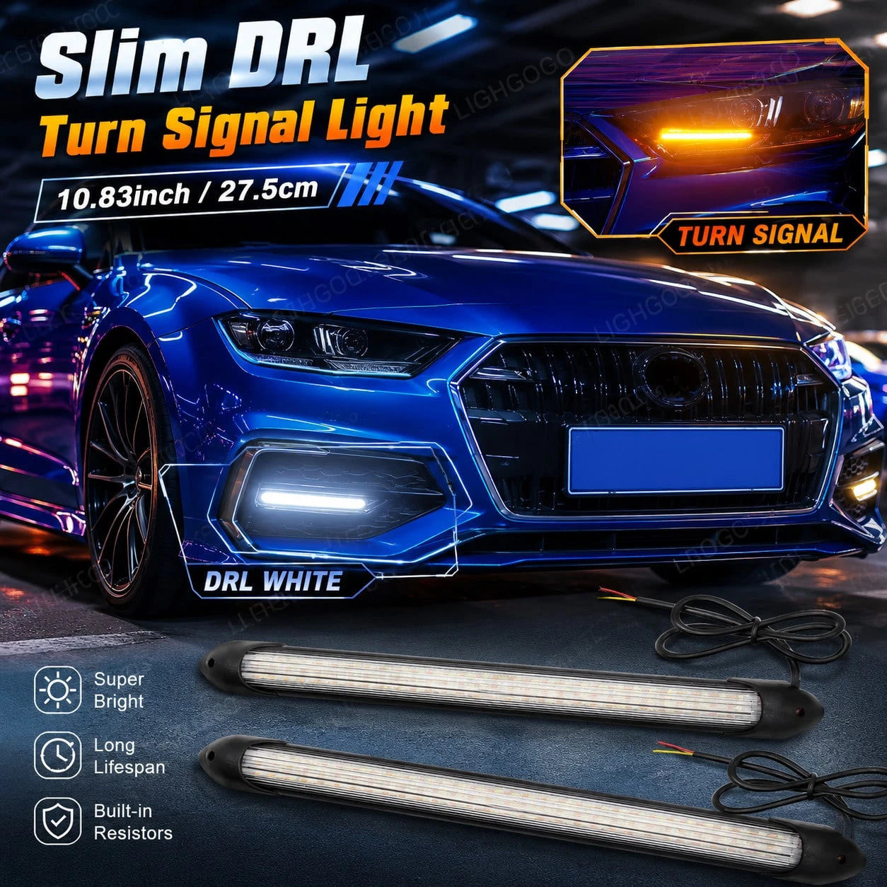 10.83 Inch/27.5cm Daytime Running Car Turn Signal Light Bar, 12V Daytime Running White Light Turn Yellow Light Sequential Mode, Flexible, LED Strip Flashing Signal Light DRL Daytime Running Light, Uni