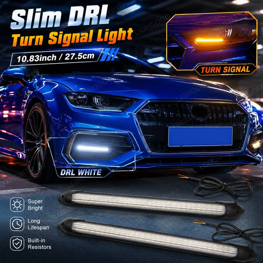 10.83 Inch/27.5cm Daytime Running Car Turn Signal Light Bar, 12V Daytime Running White Light Turn Yellow Light Sequential Mode, Flexible, LED Strip Flashing Signal Light DRL Daytime Running Light, Uni
